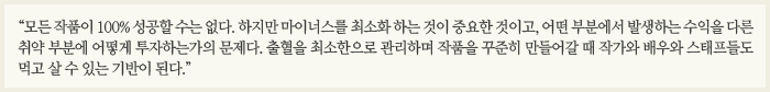 “모든 작품이 100% 성공할 수는 없다. 하지만 마이너스를 최소화 하는 것이 중요한 것이고, 어떤 부분에서 발생하는 수익을 다른 취약 부분에 어떻게 투자하는가의 문제다. 출혈을 최소한으로 관리하며 작품을 꾸준히 만들어갈 때 작가와 배우와 스태프들도 먹고 살 수 있는 기반이 된다.”