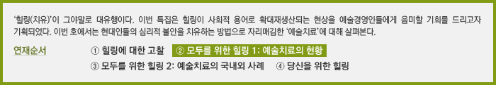 ‘힐링(치유)’이 그야말로 대유행이다. 이번 특집은 힐링이 사회적 용어로 확대재생산되는 현상을 예술경영인들에게 음미할 기회를 드리고자 기획되었다. 이번 호에서는 현대인들의 심리적 불안을 치유하는 방법으로 자리매김한 ‘예술치료’에 대해 살펴본다.  연재순서   ① 힐링에 대한 고찰 ② 모두를 위한 힐링 1: 예술치료의 현황 ③ 모두를 위한 힐링 2: 예술치료의 국내외 사례 ④ 당신을 위한 힐링