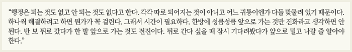 “행정은 되는 것도 없고 안 되는 것도 없다고 한다. 각각 따로 되어지는 것이 아니고 어느 귀퉁이엔가 다들 맞물려 있기 때문이다. 하나씩 해결하려고 하면 뭔가가 꼭 걸린다. 그래서 시간이 필요하다. 한방에 성큼성큼 앞으로 가는 것만 진화라고 생각하면 안 된다. 반 보 뒤로 갔다가 한 발 앞으로 가는 것도 전진이다. 뒤로 간다 싶을 때 잠시 기다려봤다가 앞으로 밀고 나갈 줄 알아야 한다.”