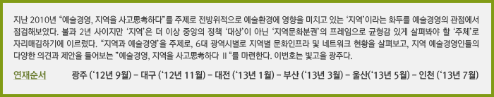 지난 2010년 “예술경영, 지역을 사고思考하다”를 주제로 전방위적으로 예술환경에 영향을 미치고 있는 ‘지역’이라는 화두를 예술경영의 관점에서 점검해보았다. 불과 2년 사이지만 ‘지역’은 더 이상 중앙의 정책 ‘대상’이 아닌 ‘지역문화분권’의 프레임으로 균형감 있게 살펴봐야 할 ‘주체’로 자리매김하기에 이르렀다. “지역과 예술경영’을 주제로, 5대 광역시별로 지역별 문화인프라 및 네트워크 현황을 살펴보고, 지역 예술경영인들의 다양한 의견과 제안을 들어보는 ”예술경영, 지역을 사고思考하다 Ⅱ“를 마련한다. 이번호는 빛고을 광주다. 연재순서 광주 (‘12년 9월) - 대구 (‘12년 11월) - 대전 (‘13년 1월) - 부산 (‘13년 3월) - 인천 (‘13년 5월)