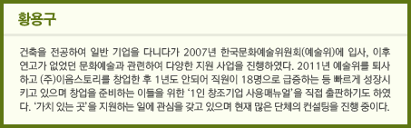 황용구 건축을 전공하여 일반 기업을 다니다가 2007년 한국문화예술위원회(예술위)에 입사, 이후 연고가 없었던 문화예술과 관련하여 다양한 지원 사업을 진행하였다. 2011년 예술위를 퇴사하고 (주)이음스토리를 창업한 후 1년도 안되어 직원이 18명으로 급증하는 등 빠르게 성장시키고 있으며 창업을 준비하는 이들을 위한 ‘1인 창조기업 사용매뉴얼’을 직접 출판하기도 하였다. ‘가치 있는 곳’을 지원하는 일에 관심을 갖고 있으며 현재 많은 단체의 컨설팅을 진행 중이다. 