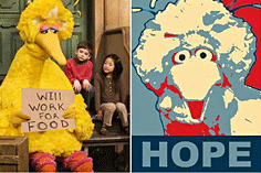 일자리를 찾는 빅버드(Big Bird)와 오바마 대통령 후보의 대선 포스터를 패러디한 빅버드 포스터 (출처: New York Times)