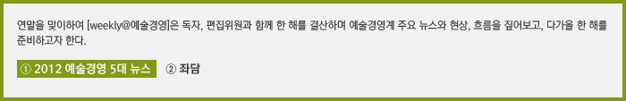 연말을 맞이하여 [weekly@예술경영]은 독자, 편집위원과 함께 한 해를 결산하며 예술경영계 주요 뉴스와 현상, 흐름을 짚어보고, 다가올 한 해를 준비하고자 한다. 연재순서 ① 2012 예술경영 5대 뉴스   ② 좌담