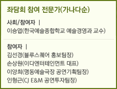 좌담회 참여 전문가(가나다순)&#13;&#10;&#13;&#10;사회/참여자&#13;&#10;&#13;&#10;이승엽(한국예술종합학교 예술경영과 교수)&#13;&#10;&#13;&#10;참여자&#13;&#10;&#13;&#10;김선경(블루스퀘어 홍보팀장)&#13;&#10;&#13;&#10;손상원(이다엔터테인먼트 대표)&#13;&#10;&#13;&#10;이양희(명동예술극장 공연기획팀장)&#13;&#10;&#13;&#10;인형근(CJ E&M 공연투자팀장)