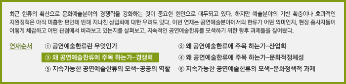 최근 한류의 확산으로 문화예술분야의 경쟁력을 강화하는 것이 중요한 현안으로 대두되고 있다. 하지만 예술분야의 기반 확충이나 효과적인 지원정책은 아직 미흡한 편인데 반해 지나친 상업화에 대한 우려도 있다. 이번 연재는 공연예술분야에서의 한류가 어떤 의미인지, 현장 종사자들이 어떻게 체감하고 어떤 관점에서 바라보고 있는지를 살펴보고, 지속적인 공연예술한류를 모색하기 위한 향후 과제들을 짚어봤다.&#13;&#10;연재순서&#13;&#10;① 공연예술한류란 무엇인가&#13;&#10;② 왜 공연예술한류에 주목 하는가-산업화&#13;&#10;③ 왜 공연예술한류에 주목 하는가-경쟁력&#13;&#10;④ 왜 공연예술한류에 주목 하는가-문화적정체성&#13;&#10;⑤ 지속가능한 공연예술한류의 모색-공공의 역할&#13;&#10;⑥ 지속가능한 공연예술한류의 모색-문화정책적 과제