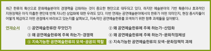 최근 한류의 확산으로 문화예술분야의 경쟁력을 강화하는 것이 중요한 현안으로 대두되고 있다. 하지만 예술분야의 기반 확충이나 효과적인 지원정책은 아직 미흡한 편인데 반해 지나친 상업화에 대한 우려도 있다. 이번 연재는 공연예술분야에서의 한류가 어떤 의미인지, 현장 종사자들이 어떻게 체감하고 어떤 관점에서 바라보고 있는지를 살펴보고, 지속적인 공연예술한류를 모색하기 위한 향후 과제들을 짚어봤다.&#13;&#10;연재순서&#13;&#10;① 공연예술한류란 무엇인가&#13;&#10;② 왜 공연예술한류에 주목 하는가-산업화&#13;&#10;③ 왜 공연예술한류에 주목 하는가-경쟁력&#13;&#10;④ 왜 공연예술한류에 주목 하는가-문화적정체성&#13;&#10;⑤ 지속가능한 공연예술한류의 모색-공공의 역할&#13;&#10;⑥ 지속가능한 공연예술한류의 모색-문화정책적 과제