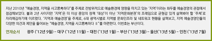 지난 2010년 “예술경영, 지역을 사고思考하다”를 주제로 전방위적으로 예술환경에 영향을 미치고 있는 ‘지역’이라는 화두를 예술경영의 관점에서 점검해보았다. 불과 2년 사이지만 ‘지역’은 더 이상 중앙의 정책 ‘대상’이 아닌 ‘지역문화분권’의 프레임으로 균형감 있게 살펴봐야 할 ‘주체’로 자리매김하기에 이르렀다. ‘지역과 예술경영’을 주제로, 6대 광역시별로 지역별 문화인프라 및 네트워크 현황을 살펴보고, 지역 예술경영인들의 다양한 의견과 제안을 들어보는 “예술경영, 지역을 사고思考하다 Ⅱ”를 마련한다. 이번호는 부산이다. 연재순서 광주 (‘12년 9월) - 대구 (‘12년 11월) - 대전 (‘13년 1월) - 부산 (‘13년 3월) - 울산(‘13년 5월) - 인천 (‘13년 7월)