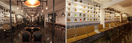 반쥴 3층 카페 공간. 벽면에는 세계 각국에서 수집한 커피그라인더 컬렉션 250여종이 전시되어 있다.