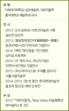 약 력//·이화여자대학교 섬유예술학, 의류직물학/·홍익대학교 예술학과 석사//전 시//·2013  <2의 공화국> 아르코미술관 기획 공모전 당선작/·2013  <필담창화일만리(筆談唱和一萬里)> 동경국제도서전 주빈국관 기념전시/·2014  <백만 개의 층을 가진 정원> 남이섬 프로젝트/·2014  <두 개의 수도, 하나의 마음> 인천아시안게임 기념전시/·2015  <피스마이너스원: 무대를 넘어서> 서울시립미술관/·2014~2015  <텅 빈 충만: 한국현대미술의 물성과 정신성> 해외 순회전//수 상//·2010  『아트인컬쳐』 ‘New Vision 미술평론상’ 파이널리스트 3인
