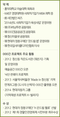 약 력//·홍익대학교 미술대학 회화과/·KAIST 경영대학원 사회적기업가 MBA 재학 중/·前 사단법인 씨즈 ‘2014년도 사회적기업가 육성사업’ 운영위원/·現 (주)러닝투런 공동대표/·現 000간[공공공간] 공동대표/·現 창신마을넷 공동대표/·現 현대차 정몽구재단 ‘온드림 랩’ 운영위원/·現 한국업사이클디자인협회 이사//000간 프로젝트 주요 활동//·2012  창신동 작은도서관 <뭐든지> 기획 및 운영위원/예술공간 000간 오픈/낙산 런웨이 프로젝트/·2013  서울역사박물관 ‘Made in 창신동’지역연계프그램 <도시의 산책자> 000간 플랫폼 오픈/·2014  현대자동차 그룹 <지역재생 프로젝트 H-빌리지>//수 상//·2012  현대차 정몽구재단 ‘H 온드림 펠로’ 선발/·2012  제1회 경찰인권영화제 시민부문 최우수상