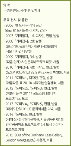약 력//·국민대학교 시각디자인학과//주요 전시 및 출판//·2006  '한 도시 두 개의 공간' <dna_R: 도시문화 리서치, 안양>/·2007  『가짜잡지』 1호 디자인, 편집, 발행/·2008  『가짜잡지』 2호 발행 <콘크리트 유토피아> 서울디자인올림픽 '서울 디자인 나우'전/·2009  『가짜잡지』 3호 발행 <다음 단계> 시민문화네트워크 티팟, 서울/·2010『가짜잡지』 4호 디자인, 편집, 발행 <GZFM 90.0 91.3 92.5 94.2> 공간 해밀톤, 서울/·2011  『도미노1』 디자인, 편집, 발행 <아름다운 책 2010> 서교예술실험센터, 서울/·2012  『도미노2』, 『도미노3』 편집, 발행 <아름다운 책 2011> 교토조형예술대학 도쿄캠퍼스, 도쿄/·2013  『도미노4』, 『도미노5』 편집, 발행 <타이포잔치 2013> 문화역서울 284, 서울 /·2014  『도미노6』 편집, 발행 <시의 집> 한국현대문학관, 서울 APAP 제4회 안양 공공예술 프로젝트 中 <세 도시 이야기> 프로젝트 기획/·2015  <Out of the Ordinary> Cass Gallery, London <Megastudy> 시청각, 서울