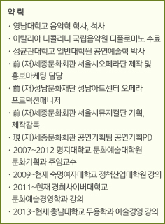 약 력/·한양대학교 연극영화학과/·한국예술종합학교 연극원 아동청소년극 전문사/·국립극단 어린이청소년극연구소 책임연구원/
·한국예술종합학교 산학협력단 연극 교육연구소 인터 부소장/·극단 북새통 예술감독, 상임연출가/·판소리창작 공연단체 판소리만들기    자 예술감독
/연 출/·2004 <가믄장아기>/·2011 뮤지컬 <재주 많은 다섯 친구> <소년이 그랬다>/·2012 <겨울이야기> /단편소설 입체낭독극장 <어쩌면>/·2013 <구름>, <사천가>/·2014 <억척가>/수 상/·2012 서울어린이연극상 연출상/·2010 서울어린이연극상 극본상, 작품상, 연기상