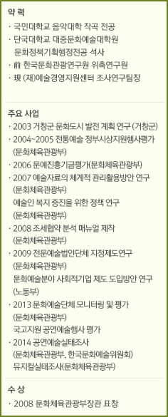 약 력/·한양대학교 연극영화학과/·한국예술종합학교 연극원 아동청소년극 전문사/·국립극단 어린이청소년극연구소 책임연구원/
·한국예술종합학교 산학협력단 연극 교육연구소 인터 부소장/·극단 북새통 예술감독, 상임연출가/·판소리창작 공연단체 판소리만들기    자 예술감독
/연 출/·2004 <가믄장아기>/·2011 뮤지컬 <재주 많은 다섯 친구> <소년이 그랬다>/·2012 <겨울이야기> /단편소설 입체낭독극장 <어쩌면>/·2013 <구름>, <사천가>/·2014 <억척가>/수 상/·2012 서울어린이연극상 연출상/·2010 서울어린이연극상 극본상, 작품상, 연기상