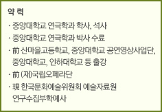 약 력/·중앙대학교 연극학과 학사, 석사
·중앙대학교 연극학과 박사 수료/·前 산마을고등학교, 중앙대학교 공연영상사업단,중앙대학교, 인하대학교 등 출강/·前 (재)국립오페라단/·現 한국문화예술위원회 예술자료원 연구수집부학예사