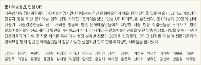 문화예술청년, 인생 UP!/대통령직속 청년위원회와 (재)예술경영지원센터에서는 청년 문화예술인과 예술 현장 진입을 앞둔 예술가, 그리고 예술경영 전공자 등을 위한 문화예술 인력 현장 사례집 『문화예술청년, 인생 UP 데이트』를 출간한다. 문화예술계 30인의 선배 예술가, 예술경영인들의 진로 사례를 발굴해 청년 문화예술인들에게 다양한 예술 현장 직업군들을 소개하고, 청년 문화예술인들의 진로 개척에 발판을 마련하고자 한다. 이 사례집은 문화예술청년들을 위한 맞춤형 정보 개발을 위해 각 분야 전문가들과의 기획 및 자문 회의를 통해 예술 현장 분야별 전문가 30인을 선정했다. 그리고 선정된 각 분야 전문가들과의 인터뷰를 통해 청년 문화예술인들이 활용 가능한 실질적인 진로 현장의 다양한 사례들을 담아냈다./남인우/한지영/송현민/이지향/황정인/김혜진/전우공/성하영/장정아/김현아/이희문/박귀섭/이기쁨/최보윤/이홍이/김현옥/이경성/유영봉/윤민철/김지명/박경린/양지윤/홍성재/이대형/홍은주/선미화/성유진/강선애/변홍철/서희영