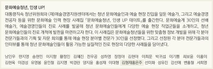 문화예술청년, 인생 UP!/대통령직속 청년위원회와 (재)예술경영지원센터에서는 청년 문화예술인과 예술 현장 진입을 앞둔 예술가, 그리고 예술경영 전공자 등을 위한 문화예술 인력 현장 사례집 『문화예술청년, 인생 UP 데이트』를 출간한다. 문화예술계 30인의 선배 예술가, 예술경영인들의 진로 사례를 발굴해 청년 문화예술인들에게 다양한 예술 현장 직업군들을 소개하고, 청년 문화예술인들의 진로 개척에 발판을 마련하고자 한다. 이 사례집은 문화예술청년들을 위한 맞춤형 정보 개발을 위해 각 분야 전문가들과의 기획 및 자문 회의를 통해 예술 현장 분야별 전문가 30인을 선정했다. 그리고 선정된 각 분야 전문가들과의 인터뷰를 통해 청년 문화예술인들이 활용 가능한 실질적인 진로 현장의 다양한 사례들을 담아냈다./남인우/한지영/송현민/이지향/황정인/김혜진/전우공/성하영/장정아/김현아/이희문/박귀섭/이기쁨/최보윤/이홍이/김현옥/이경성/유영봉/윤민철/김지명/박경린/양지윤/홍성재/이대형/홍은주/선미화/성유진/강선애/변홍철/서희영