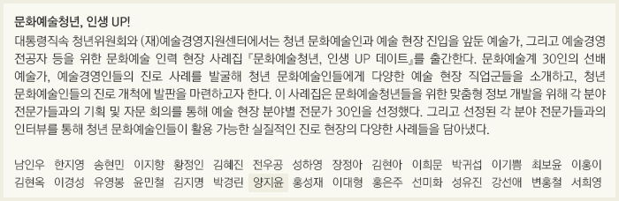문화예술청년, 인생 UP!/대통령직속 청년위원회와 (재)예술경영지원센터에서는 청년 문화예술인과 예술 현장 진입을 앞둔 예술가, 그리고 예술경영 전공자 등을 위한 문화예술 인력 현장 사례집 『문화예술청년, 인생 UP 데이트』를 출간한다. 문화예술계 30인의 선배 예술가, 예술경영인들의 진로 사례를 발굴해 청년 문화예술인들에게 다양한 예술 현장 직업군들을 소개하고, 청년 문화예술인들의 진로 개척에 발판을 마련하고자 한다. 이 사례집은 문화예술청년들을 위한 맞춤형 정보 개발을 위해 각 분야 전문가들과의 기획 및 자문 회의를 통해 예술 현장 분야별 전문가 30인을 선정했다. 그리고 선정된 각 분야 전문가들과의 인터뷰를 통해 청년 문화예술인들이 활용 가능한 실질적인 진로 현장의 다양한 사례들을 담아냈다./남인우/한지영/송현민/이지향/황정인/김혜진/전우공/성하영/장정아/김현아/이희문/박귀섭/이기쁨/최보윤/이홍이/김현옥/이경성/유영봉/윤민철/김지명/박경린/양지윤/홍성재/이대형/홍은주/선미화/성유진/강선애/변홍철/서희영