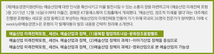 (재)예술경영지원센터는 예술산업에 대한 인식을 확산시키고 이를 발전시킬 수 있는 소통의 장을 마련하고자 <예술산업 미래전략 포럼>을 2015년 12월 16일(수)부터 이틀간, 광화문 KT올레스퀘어 드림홀에서 개최했다. ‘예술산업, 창조적 미래를 열다’라는 대주제로 진행된 포럼에는 새로운 성장 동력으로 부상하는 예술산업의 미래전략을 만들어 가기 위해 국내외 26명의 전문가가 참여했다. 이에 ≪weekly@예술경영≫은 포럼의 각 발제자들의 발표 내용을 간략히 정리해 소개한다./예술산업 미래전략포럼_ 세션4. 예술산업과 정책_ (1)융복합 협업파트너쉽-문화창조융합벨트/예술산업 미래전략포럼_ 세션4. 예술산업과 정책_ (2)예술산업 정책의 과제1-이야기산업 정책을 중심으로/예술산업 미래전략포럼_ 세션4. 예술산업과 정책_ (3)예술산업 정책의 과제2-영화산업정책과 시사점