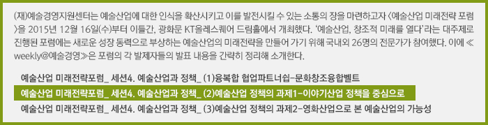 (재)예술경영지원센터는 예술산업에 대한 인식을 확산시키고 이를 발전시킬 수 있는 소통의 장을 마련하고자 <예술산업 미래전략 포럼>을 2015년 12월 16일(수)부터 이틀간, 광화문 KT올레스퀘어 드림홀에서 개최했다. ‘예술산업, 창조적 미래를 열다’라는 대주제로 진행된 포럼에는 새로운 성장 동력으로 부상하는 예술산업의 미래전략을 만들어 가기 위해 국내외 26명의 전문가가 참여했다. 이에 ≪weekly@예술경영≫은 포럼의 각 발제자들의 발표 내용을 간략히 정리해 소개한다./예술산업 미래전략포럼_ 세션4. 예술산업과 정책_ (1)융복합 협업파트너쉽-문화창조융합벨트/예술산업 미래전략포럼_ 세션4. 예술산업과 정책_ (2)예술산업 정책의 과제1-이야기산업 정책을 중심으로/예술산업 미래전략포럼_ 세션4. 예술산업과 정책_ (3)예술산업 정책의 과제2-영화산업정책과 시사점