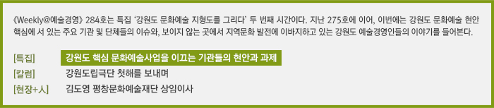 [Weekly@예술경영] 284호는 특집 ‘강원도 문화예술 지형도를 그리다’ 두 번째 시간이다. 지난 275호에 이어, 이번에는 강원도 문화예술 현안 핵심에 서있는 주요 기관 및 단체들의 이슈와, 보이지 않는 곳에서 지역 문화 발전에 이바지하고 있는 강원도 예술경영인들의 이야기를 들어본다./[이슈]강원도 핵심 문화예술사업을 이끄는 기관들의 현안과 과제/[칼럼] 강원도립극단 첫 해를 보내며/[현장+人] 김도영 평창문화예술재단 상임이사