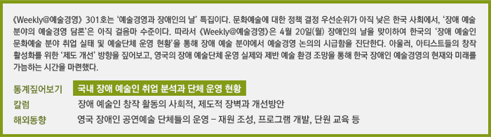  《Weekly@예술경영》301호는 ‘예술경영과 장애인의 날’ 특집이다. 문화예술에 대한 정책 결정 우선순위가 아직 낮은 한국 사회에서, ‘장애 예술 분야의 예술경영 담론’은 아직 걸음마 수준이다. 따라서《Weekly@예술경영》은 4월 20일(월) 장애인의 날을 맞이하여 한국의 ‘장애 예술인 문화예술 분야 취업 실태 및 예술단체 운영 현황’을 통해 장애 예술 분야에서 예술경영 논의의 시급함을 진단한다. 아울러, 아티스트들의 창작 활성화를 위한 ‘제도 개선’ 방향을 짚어보고, 영국의 장애 예술단체 운영 실제와 제반 예술 환경 조망을 통해 한국 장애인 예술경영의 현재와 미래를 가늠하는 시간을 마련했다./통계짚어보기 국내 장애 예술인 취업 분석과 단체 운영 현황/칼럼 장애 예술인 창작 활동의 사획적, 제도적 장벽과 개선방안/해외동향 영국 장애인 공연예술 단체들의 운영 – 재원 조성, 프로그램 개발, 단원 교육 등