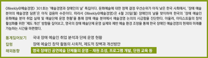 《Weekly@예술경영》 301호는 ‘한국 장애인 예술경영의 현주소’ 특집이다. 문화예술에 대한 정책 결정 우선 순위가 아직 낮은 한국 사회에서, ‘장애인 예술과 예술경영’ 담론은 아직 걸음마 단계다. 따라서 《Weekly@예술경영》은 4월 20일(월) 장애인의 날을 맞이하여, 한국의 ‘장애인 예술단체 운영과 관련 정책 현황’, 활동 아티스트들의 창작 활동 활성화를 위한 ‘제도 개선’ 방향을 살펴보고, 영국의 장애 예술단체 운영 실제와 제반 예술 환경 조망을 통해 한국 장애인 예술경영의 앞날을 가늠하는 시간을 마련했다./통계짚어보기  국내 장애인 예술단체 운영 현황/칼럼          장애 예술인 창작 활동의 사획적, 제도적 장벽과 개선방안/해외동향      영국 장애인 아크로바틱 씨어터의 단체 운영 – 재원 조성, 프로그램 개발, 단원 교육 등