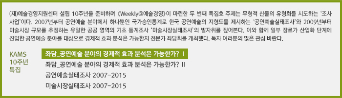 (재)예술경영지원센터 설립 10주년을 준비하며 《Weekly@예술경영》이 마련한 두 번째 특집호 주제는 무형적 산물의 유형화를 시도하는 ‘조사 사업’이다. 2007년부터 공연예술 분야에서 하나뿐인 국가승인통계로 한국 공연예술의 지형도를 제시하는 ‘공연예술실태조사’와 2009년부터 미술시장 규모를 추정하는 유일한 공공 영역의 기초 통계조사 ‘미술시장실태조사’의 발자취를 짚어본다. 이와 함께 일부 장르가 산업화 단계에 진입한 공연예술 분야를 대상으로 경제적 효과 분석은 가능한지 전문가 좌담회를 개최했다. 독자 여러분의 많은 관심 바란다. /KAMS 10주년 특집/좌담_공연예술 분야의 경제적 효과 분석은 가능한가? Ⅰ/좌담_공연예술 분야의 경제적 효과 분석은 가능한가? Ⅱ/공연예술실태조사 2007-2015/미술시장실태조사 2007-2015