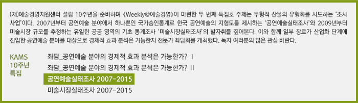 (재)예술경영지원센터 설립 10주년을 준비하며 《Weekly@예술경영》이 마련한 두 번째 특집호 주제는 무형적 산물의 유형화를 시도하는 ‘조사 사업’이다. 2007년부터 공연예술 분야에서 하나뿐인 국가승인통계로 한국 공연예술의 지형도를 제시하는 ‘공연예술실태조사’와 2009년부터 미술시장 규모를 추정하는 유일한 공공 영역의 기초 통계조사 ‘미술시장실태조사’의 발자취를 짚어본다. 이와 함께 일부 장르가 산업화 단계에 진입한 공연예술 분야를 대상으로 경제적 효과 분석은 가능한지 전문가 좌담회를 개최했다. 독자 여러분의 많은 관심 바란다. /KAMS 10주년 특집/좌담_공연예술 분야의 경제적 효과 분석은 가능한가? Ⅰ/좌담_공연예술 분야의 경제적 효과 분석은 가능한가? Ⅱ/공연예술실태조사 2007-2015/미술시장실태조사 2007-2015