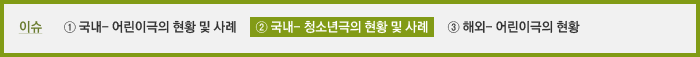 이슈 ① 어린이극의 현황 및 사례 ② 청소년극의 현황 및 사례 ③ 어린이극의 해외현황 - 덴마크어린이극축제를 중심으로