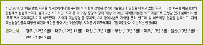 지난 2010년 ‘예술경영, 지역을 사고思考하다’를 주제로 하여 현재 전방위적으로 예술환경에 영향을 미치고 있는 ‘지역’이라는 화두를 예술경영의 관점에서 점검해보았다. 불과 2년 사이지만 ‘지역’은 더 이상 중앙의 정책 ‘대상’이 아닌 ‘지역문화분권’의 프레임으로 균형감 있게 살펴봐야 할 ‘주체’로서 자리매김하기에 이르렀다. ‘지역과 예술경영’을 주제로, 6대 광역시별로 지역별 문화 인프라 및 네트워킹 현황을 살펴보고, 지역 예술경영인들의 다양한 의견과 제안을 들어보는 ‘예술경영, 지역을 사고思考하다Ⅱ’를 마련한다. 이번호는 인천이다.연재순서 광주(‘12년 9월) - 대구(’12년 11월) - 대전(‘13년 1월) - 부산(’13년 3월) - 제주(‘13년 5월) - 울산(’13년 5월) - 인천(‘13년 7월)