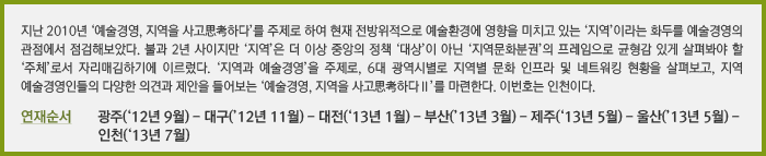 지난 2010년 ‘예술경영, 지역을 사고思考하다’를 주제로 하여 현재 전방위적으로 예술환경에 영향을 미치고 있는 ‘지역’이라는 화두를 예술경영의 관점에서 점검해보았다. 불과 2년 사이지만 ‘지역’은 더 이상 중앙의 정책 ‘대상’이 아닌 ‘지역문화분권’의 프레임으로 균형감 있게 살펴봐야 할 ‘주체’로서 자리매김하기에 이르렀다. ‘지역과 예술경영’을 주제로, 6대 광역시별로 지역별 문화 인프라 및 네트워킹 현황을 살펴보고, 지역 예술경영인들의 다양한 의견과 제안을 들어보는 ‘예술경영, 지역을 사고思考하다Ⅱ’를 마련한다. 이번호는 인천이다.연재순서 광주(‘12년 9월) - 대구(’12년 11월) - 대전(‘13년 1월) - 부산(’13년 3월) - 제주(‘13년 5월) - 울산(’13년 5월) - 인천(‘13년 7월)