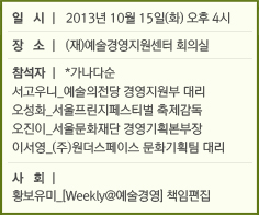 일시 l 2013년 10월 9일(수) 오후 1시 / 장소 l 국립극장 KB하늘극장 / 사회 l 이정헌(울산월드뮤직페스티벌&아시안퍼시픽미팅 총감독) / 토론 l 쥬느비에브 구엥(캐나다공연예술마켓 시나르 감독), 패트릭 드 그루트(스핑크스 믹스드 페스티벌 감독&유럽월드뮤직포럼 회장), 히로미 마루오카(요코하마 공연예술미팅-TPAMiY 감독), 오세형(아시아문화개발원 예술극장사업팀장)