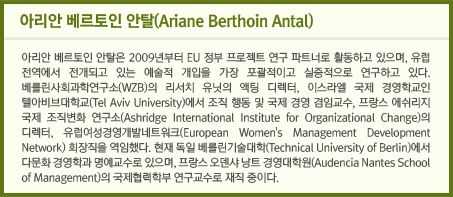 아리안 베르토인 안탈(Ariane Berthoin Antal)/ 아리안 베르토인 안탈은 2009년부터 EU 정부 프로젝트 연구 파트너로 활동하고 있으며, 유럽 전역에서 전개되고 있는 예술적 개입을 가장 포괄적이고 실증적으로 연구하고 있다. 베를린사회과학연구소(WZB)의 리서치 유닛의 액팅 디렉터, 이스라엘 국제 경영학교인 텔아비브대학교(Tel Aviv University)에서 조직 행동 및 국제 경영 겸임교수, 프랑스 에쉬리지 국제 조직변화 연구소(Ashridge International Institute for Organizational Change)의 디렉터, 유럽여성경영개발네트워크(European Women's Management Development Network) 회장직을 역임했다. 현재 독일 베를린기술대학(Technical University of Berlin)에서 다문화 경영학과 명예교수로 있으며, 프랑스 오덴샤 낭트 경영대학원(Audencia Nantes School of Management)의 국제협력학부 연구교수로 재직 중이다.