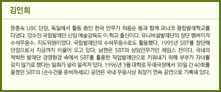 김인희 / 문훈숙 UBC 단장, 독일에서 활동 중인 한국 안무가 허용순 등과 함께 모나코 왕립발레학교를 다녔다. 강수진 국립발레단 신임 예술감독도 이 학교 출신이다. 유니버설발레단의 창단 멤버이자 수석무용수, 지도위원이었다. 국립발레단의 수석무용수로도 활동했다. 1995년 SBT를 창단해 단장으로서 지금까지 이끌어 오고 있다. 남편은 SBT의 상임안무가인 제임스 전이다. 국내의 척박한 발레단 경영환경 속에서 SBT를 훌륭한 직업발레단으로 키워내기 위해 부부가 자녀를 갖지 않기로 했다는 일화가 널리 알려져 있다.   1996년 3월 대학로 두레극장에서 30일 간 40회를 올렸던 SBT의 <손수건을 준비하세요> 공연은 국내 무용사상 최장기 연속 공연으로 기록돼 있다. 