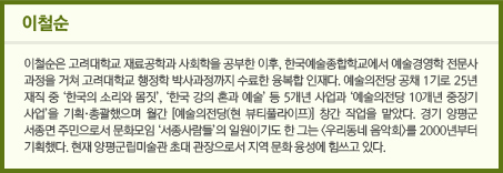 이철순/이철순은 고려대학교 재료공학과 사회학을 공부한 이후, 한국예술종합학교에서 예술경영학 전문사 과정을 거쳐 고려대학교 행정학 박사과정까지 수료한 융복합 인재다. 예술의전당 공채 1기로 25년 재직 중 ‘한국의 소리와 몸짓’, ‘한국 강의 혼과 예술’ 등 5개년 사업과 ‘예술의전당 10개년 중장기 사업’을 기획·총괄했으며 월간 [예술의전당(현 뷰티풀라이프)] 창간 작업을 맡았다. 경기 양평군 서종면 주민으로서 문화모임 ‘서종사람들’의 일원이기도 한 그는 <우리동네 음악회>를 2000년부터 기획했다. 현재 양평군립미술관 초대 관장으로서 지역 문화 융성에 힘쓰고 있다.