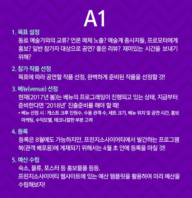 A1
							 1. 목표 설정 : 동료 예술가와의 교류? 언론 매체 노출? 예술계 종사자들, 프로모터에게 홍보? 일반 참가자 대상으로 공연? 좋은 리뷰? 재미있는 시간을 보내기 위해? 
							2. 참가 작품 선정 : 목표에 따라 공연할 작품 선정, 완벽하게 준비된 작품을 선정할 것! 
							3. 베뉴 선정 : 현재(2017년 봄)는 베뉴의 프로그래밍이 진행되고 있는 상태, 지금부터 준비한다면 ‘2018년’ 진출준비를 해야 할 때!
							**베뉴 선정 시 : 캐스트 크루 인원수, 수용 관객 수, 세트 크기, 베뉴 위치 및 공연 시간, 홍보마케팅, 수익모델, 테크니컬한 부분 고려
							4. 등록 : 등록은 8월에도 가능하지만, 프린지소사이어티에서 발간하는 프로그램 북(관객 배포용)에 게재되기 위해서는 4월 초 안에 등록을 마칠 것! 
							5. 예산 수립 : 숙소, 물류, 포스터 등 홍보물품 등등.
							프린지소사이어티 웹사이트에 있는 예산 템플릿을 활용하여 미리 예산을 수립해보자!