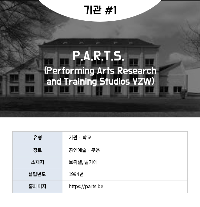 기관 #1 P.A.R.T.S.(Performing Arts Research and Training Studios VZW) 유형:기관·학교 장르:공연예술·무용 소재지:브뤼셀, 벨기에 설립년도:1994년 홈페이지:https://parts.be