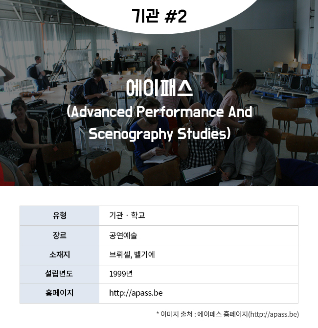 기관 #2 에이패스(Advanced Performance And Scenography Studies) 유형:기관‧학교 장르:공연예술 소재지:브뤼셀,벨기에 설립년도:1999년 홈페이지:http://apass.be  * 이미지 출처 : 에이페스 홈페이지