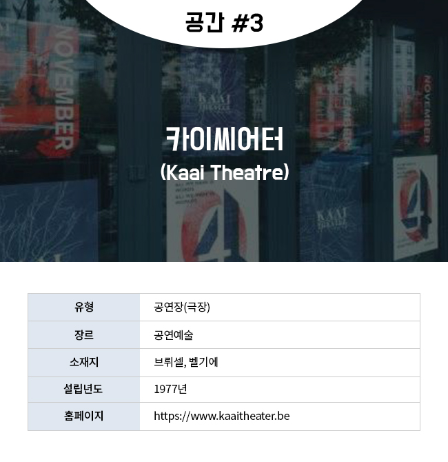 공간 #3  카이씨어터(Kaai Theatre) 유형:공연장(극장) 장르:공연예술 소재지:브뤼셀,벨기에 설립년도:1977년 홈페이지:https://www.kaaitheater.be