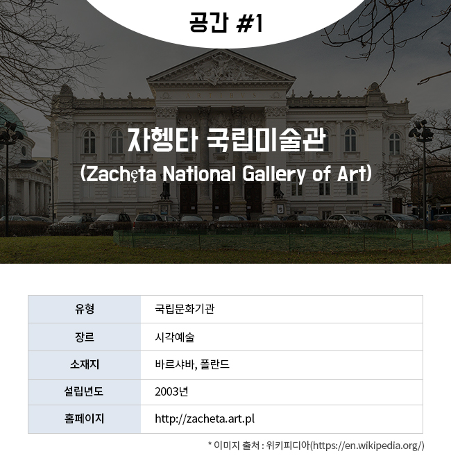 공간 #1 자행타 국립미술관(Zacheta National Gallery of Art) 유형:국립문화기관 장르:시각예술 소재지:바르샤바, 폴란드 설립년도:2003년 홈페이지:http://zacheta.art.pl * 이미지 출처 : 위키피디아(https://en.wikipedia.org/)