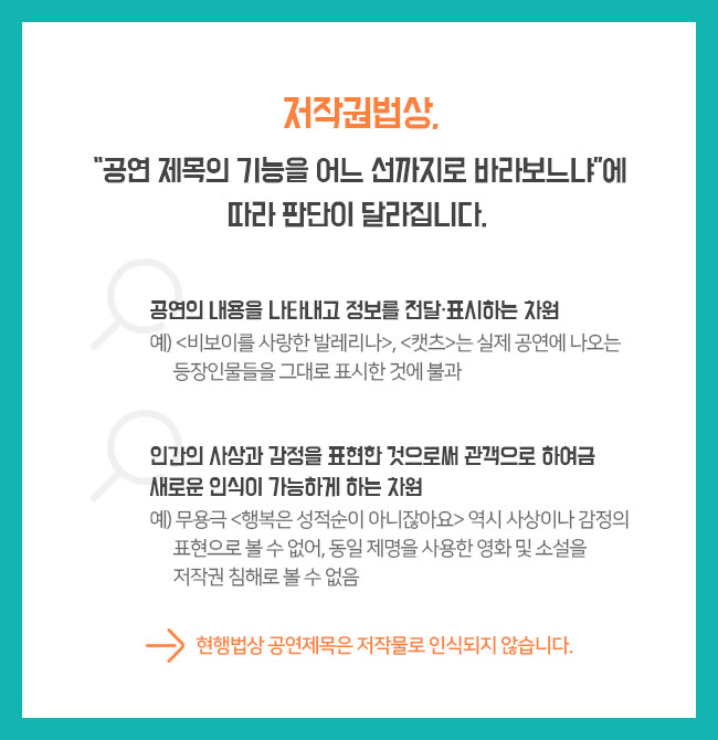 저작권법상, “공연 제목의 기능을 어느 선까지로 바라보느냐”에 따라 판단이 달라집니다.  1) 공연의 내용을 나타내고 정보를 전달·표시하는 차원 예) <비보이를 사랑한 발레리나>, <캣츠>는 실제 공연에 나오는 등장인물들을 그대로 표시한 것에 불과  2) 인간의 사상과 감정을 표현한 것으로써 관객으로 하여금 새로운 인식이 가능하게 하는 차원 예) 무용극 <행복은 성적순이 아니잖아요> 저작물의 법적 기준  ⇛ 현행법상 공연제목은 저작무로 인식되지 않습니다. 