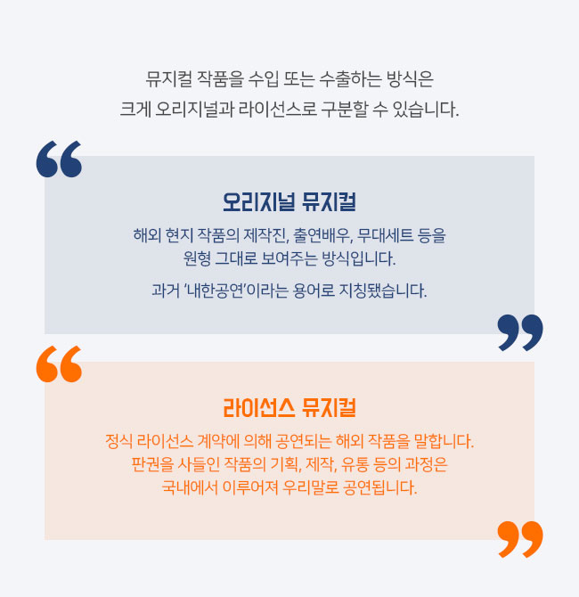 먼저 해외 공연을 수입해 제작하는 두 가지 방식에 대해 알아보겠습니다. ‘오리지널 뮤지컬’은 해외 현지의 작품 초연 시의 제작진, 출연배우, 무대세트 등을 원형 그대로 보여주는 방식입니다. 과거 ‘내한공연’이라는 용어로 지칭됐습니다. ‘라이선스 뮤지컬’은 정식 라이선스 계약에 의해 공연되는 해외 작품을 말합니다. 판권을 사들인 작품의 기획, 제작, 유통 등의 과정은 국내에서 이루어져 우리말로 공연됩니다.