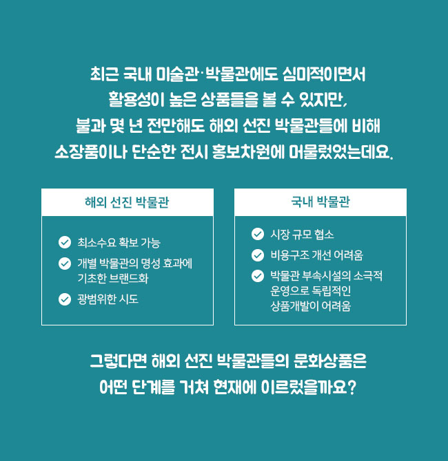 최근 국내 미술관·박물관에도 심미적이면서 활용성이 높은 상품들을 볼 수 있지만, 불과 몇 년 전만해도 해외 선진 박물관들에 비해 소장품이나 단순한 전시 홍보차원에 머물렀었는데요.  해외 선진 박물관:최소수요 확보 가능, 개별 박물관의 명성 효과에 기초한 브랜드화, 광범위한 시도 국내 박물관:시장 규모 협소, 비용구조 개선 어려움, 박물관 부속시설의 소극적 운영으로 독립적인 상품개발이 어려움  그렇다면 해외 선진 박물관들의 문화상품은 어떤 단계를 거쳐 현재에 이르렀을까요? 유형별 선진사례를 살펴볼까요?