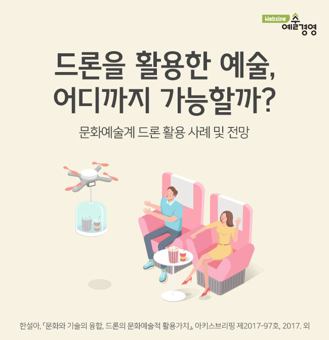 (웹진 예술경영 로고) 드론을 활용한 예술, 어디까지 가능할까? 문화예술계 드론 활용 사례 및 전망 한설아, 「문화와 기술의 융합, 드론의 문화예술적 활용가치」, 아키스브리핑 제2017-97호, 2017. 외