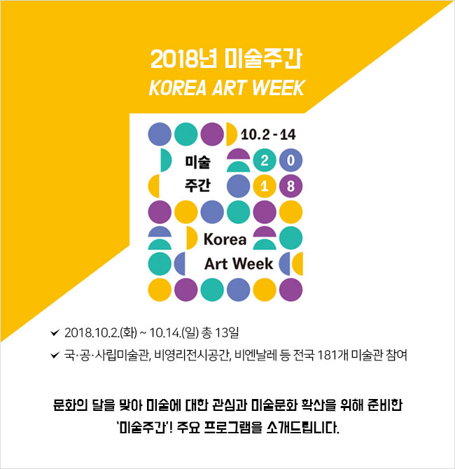 2018년 미술주간 KOREA ART WEEK 미술로 좋은 날 -2018.10.2.(화) ~ 10.14.(일) 총 13일 -국·공·사립미술관, 비영리전시공간, 비엔날레 등 전국 181개 미술관 참  문화의 달을 맞아 미술에 대한 관심과 미술문화 확산을 위해 준비한 ‘미술주간’! 주요 프로그램을 소개드립니다. 