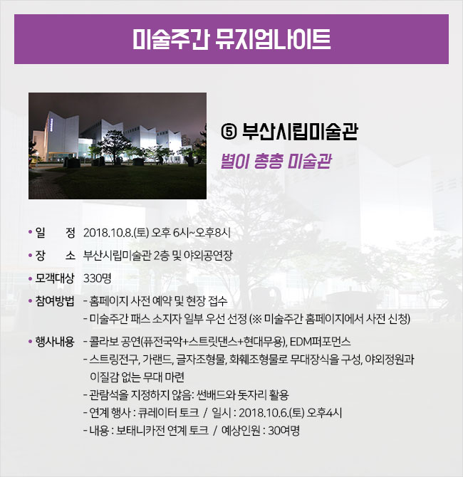 ⑤ 부산시립미술관 별이 총총 미술관 ∎ 일시 : 2018.10.8.(토) 오후 6시~오후8시 ∎ 장소 : 부산시립미술관 2층 및 야외공연장 ∎ 모객대상 : 330명 ∎ 참여방법 : - 홈페이지 사전 예약 및 현장 접수 - 미술주간 패스 소지자 일부 우선 선정 (※ 미술주간 홈페이지에서 사전 신청) ∎ 행사내용 : - 콜라보 공연(퓨전국악+스트릿댄스+현대무용), EDM퍼포먼스 - 스트링전구, 가랜드, 글자조형물, 화훼조형물로 무대장식을 구성, 야외정원과 이질감 없는 무대 마련 - 관람석을 지정하지 않음: 썬배드와 돗자리 활용 - 연계 행사 : 큐레이터 토크  /  일시 : 2018.10.6.(토) 오후4시 - 내용 : 보태니카전 연계 토크  /  예상인원 : 30여명