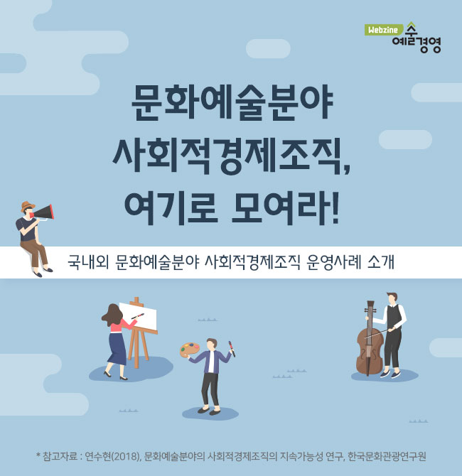 문화예술분야 사회적경제조직, 여기로 모여라! 국내외 문화예술분야 사회적경제조직 운영사례 소개  * 참고자료：연수현(2018), 문화예술분야의 사회적경제조직의 지속가능성 연구, 한국문화관광연구원