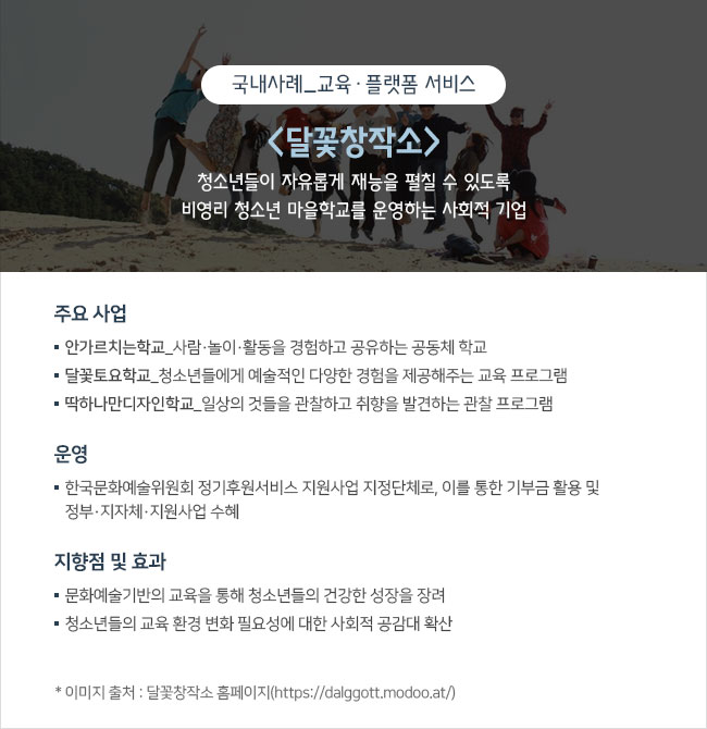 국내사례_교육·플랫폼 서비스 <달꽃창작소> 청소년들이 자유롭게 재능을 펼칠 수 있도록 비영리 청소년 마을학교를 운영하는 사회적 기업  주요 사업 ㅇ 안가르치는학교_사람·놀이·활동을 경험하고 공유하는 공동체 학교 ㅇ 달꽃토요학교_청소년들에게 예술적인 다양한 경험을 제공해주는 교육 프로그램 ㅇ 딱하나만디자인학교_일상의 것들을 관찰하고 취향을 발견하는 관찰 프로그램  운영 한국문화예술위원회 정기후원서비스 지원사업 지정단체로, 이를 통한 기부금 활용 및 정부‧지자체‧지원사업 수혜  지향점 및 효과 ㅇ 문화예술기반의 교육을 통해 청소년들의 건강한 성장을 장려 ㅇ 청소년들의 교육 환경 변화 필요성에 대한 사회적 공감대 확산  * 이미지 출처 : 달꽃창작소 홈페이지(https://dalggott.modoo.at/)