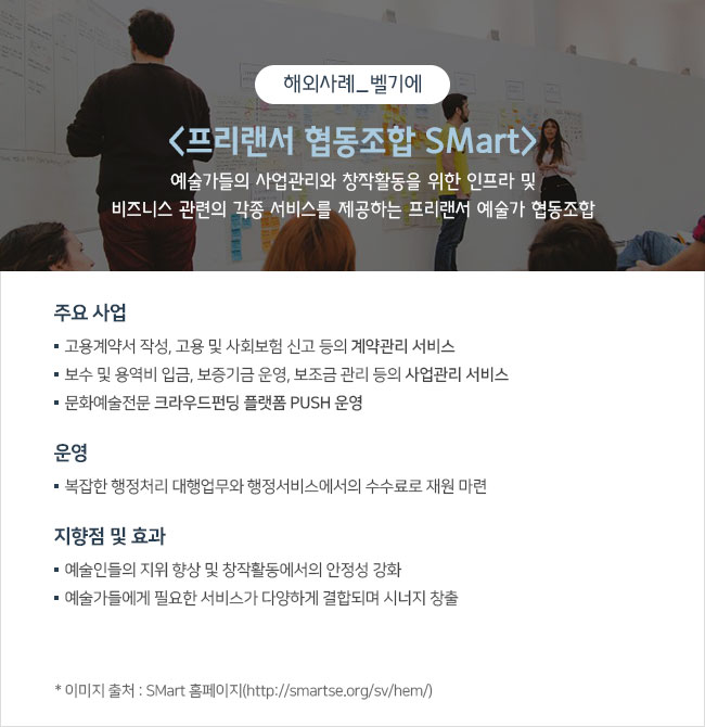 해외사례_벨기에 <프리랜서 협동조합 SMart> 예술가들의 사업관리와 창작활동을 위한 인프라 및 비즈니스 관련의 각종 서비스를 제공하는 프리랜서 예술가 협동조합  주요 사업 ㅇ 고용계약서 작성, 고용 및 사회보험 신고 등의 계약관리 서비스 ㅇ 보수 및 용역비 입금, 보증기금 운영, 보조금 관리 등의 사업관리 서비스 ㅇ 문화예술전문 크라우드펀딩 플랫폼 PUSH 운영  운영 복잡한 행정처리 대행업무와 행정서비스에서의 수수료로 재원 마련  지향점 및 효과 ㅇ 예술인들의 지위 향상 및 창작활동에서의 안정성 강화 ㅇ 예술가들에게 필요한 서비스가 다양하게 결합되며 시너지 창출  * 이미지 출처 : SMart 홈페이지(http://smartse.org/sv/hem/)