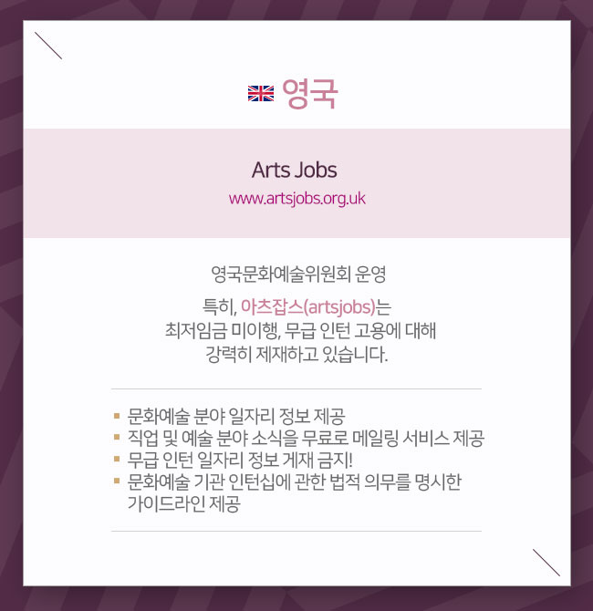 특히, 아츠잡스(artsjobs)는  최저임금 미이행, 무급 인턴 고용에 대해 강력히 제재하고 있습니다. 